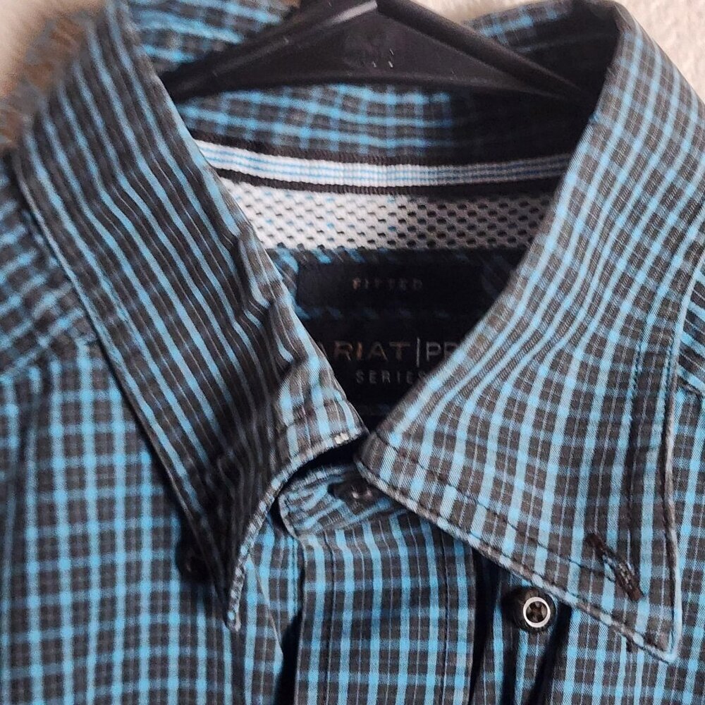 Ariat Shirt Mens Medium Blue Brown Plaid Pro Series Fitted Western Button Down - Picture 4 of 12